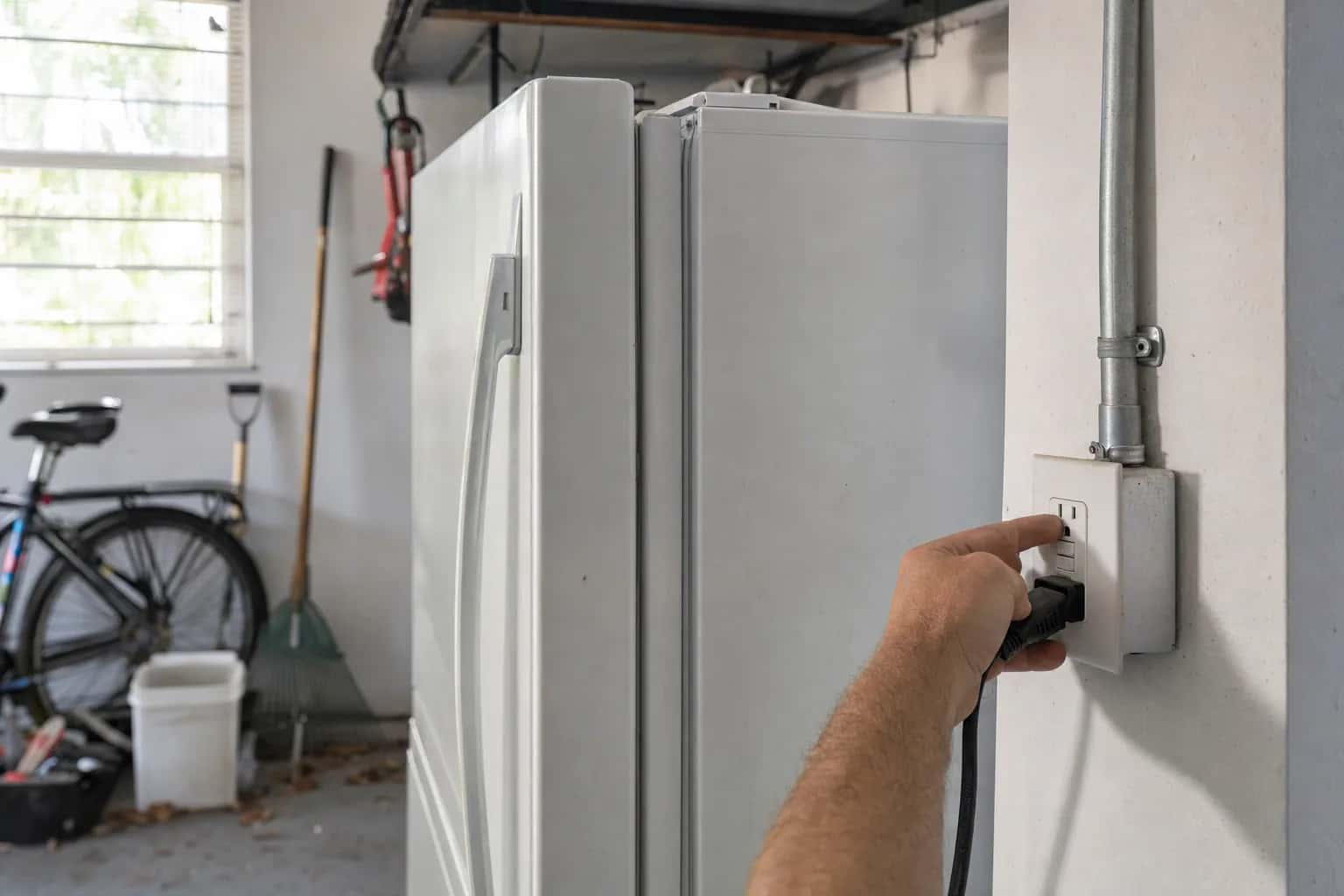 A hand pressing the reset button on a GFCI outlet beside a garage refrigerator