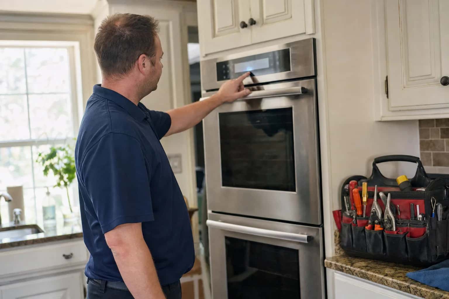 A man in a navy polo pressing the control panel of a double wall oven