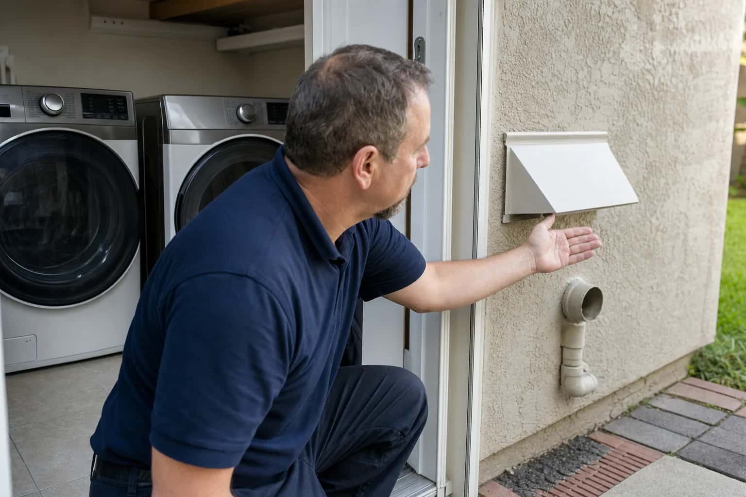 A man in a navy polo checking an outdoor dryer vent hood outside a laundry room