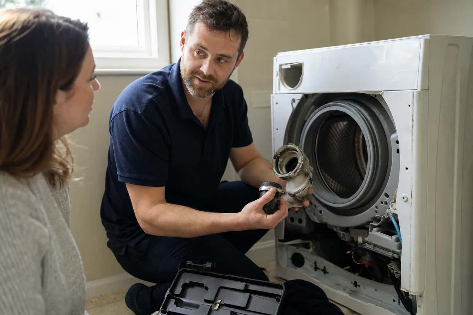 A man in a navy polo holding a part from an open front-load washer while talking with a homeowner