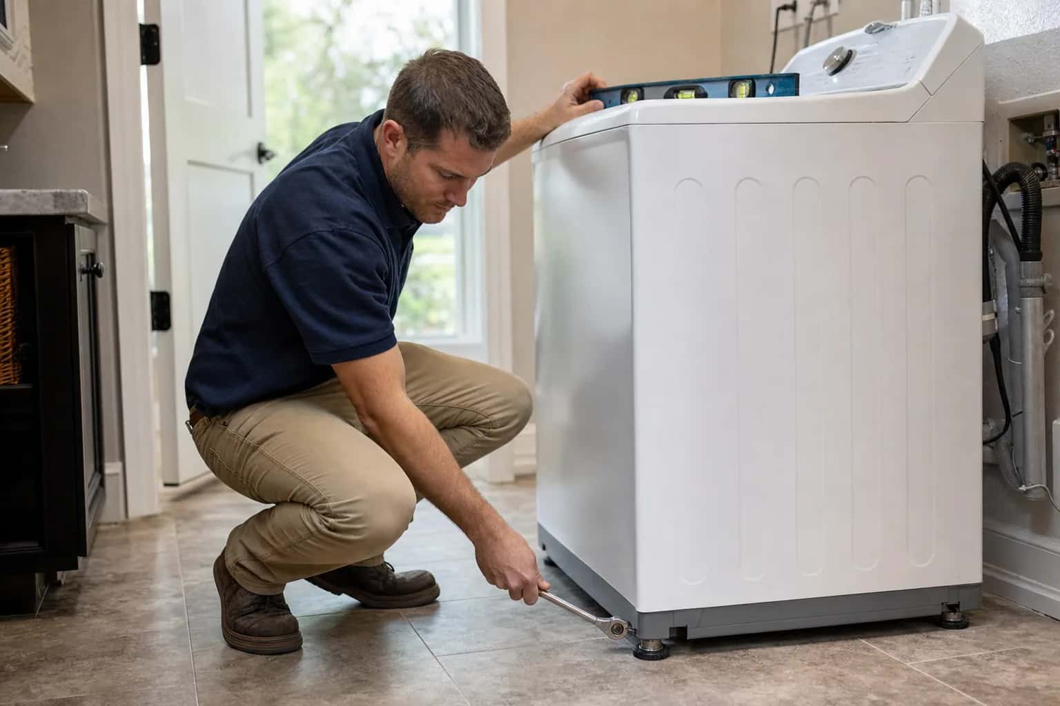 A man in a navy polo adjusting the leveling foot of a top-load washer
