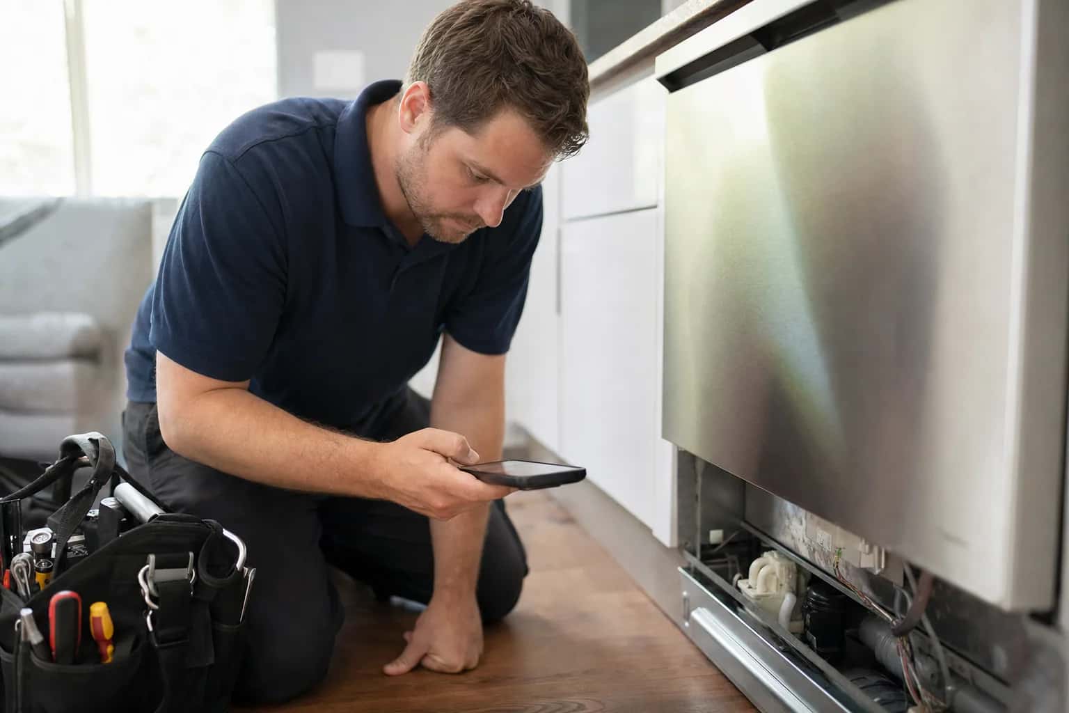 A man in a navy polo kneeling at a dishwasher and reading a phone
