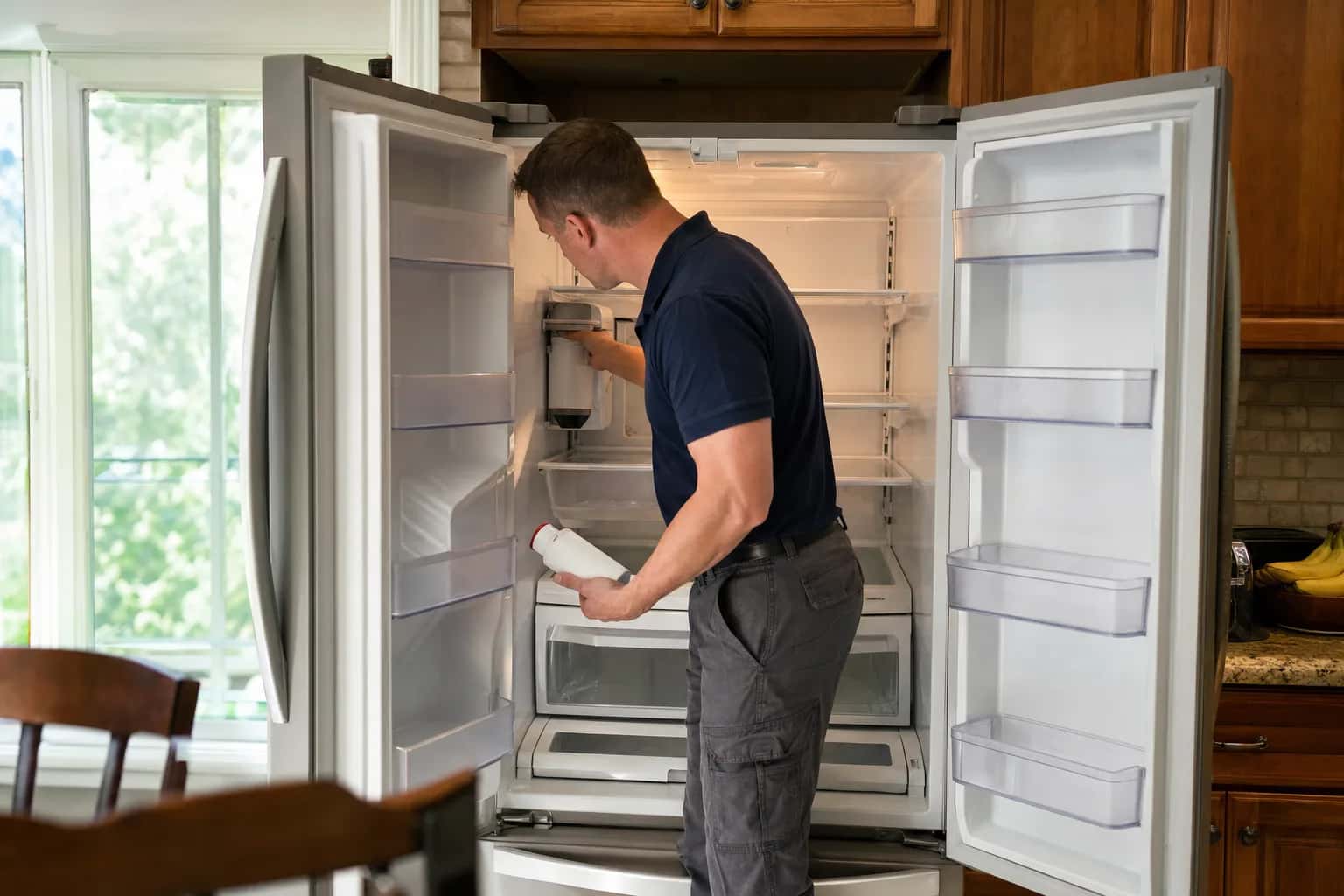 A man in a navy polo looking into an open French-door refrigerator