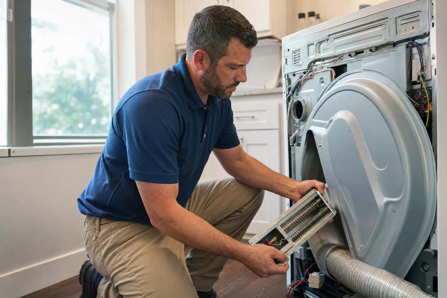 A man in a navy polo pulling a part from the back of a clothes dryer next to its vent hose